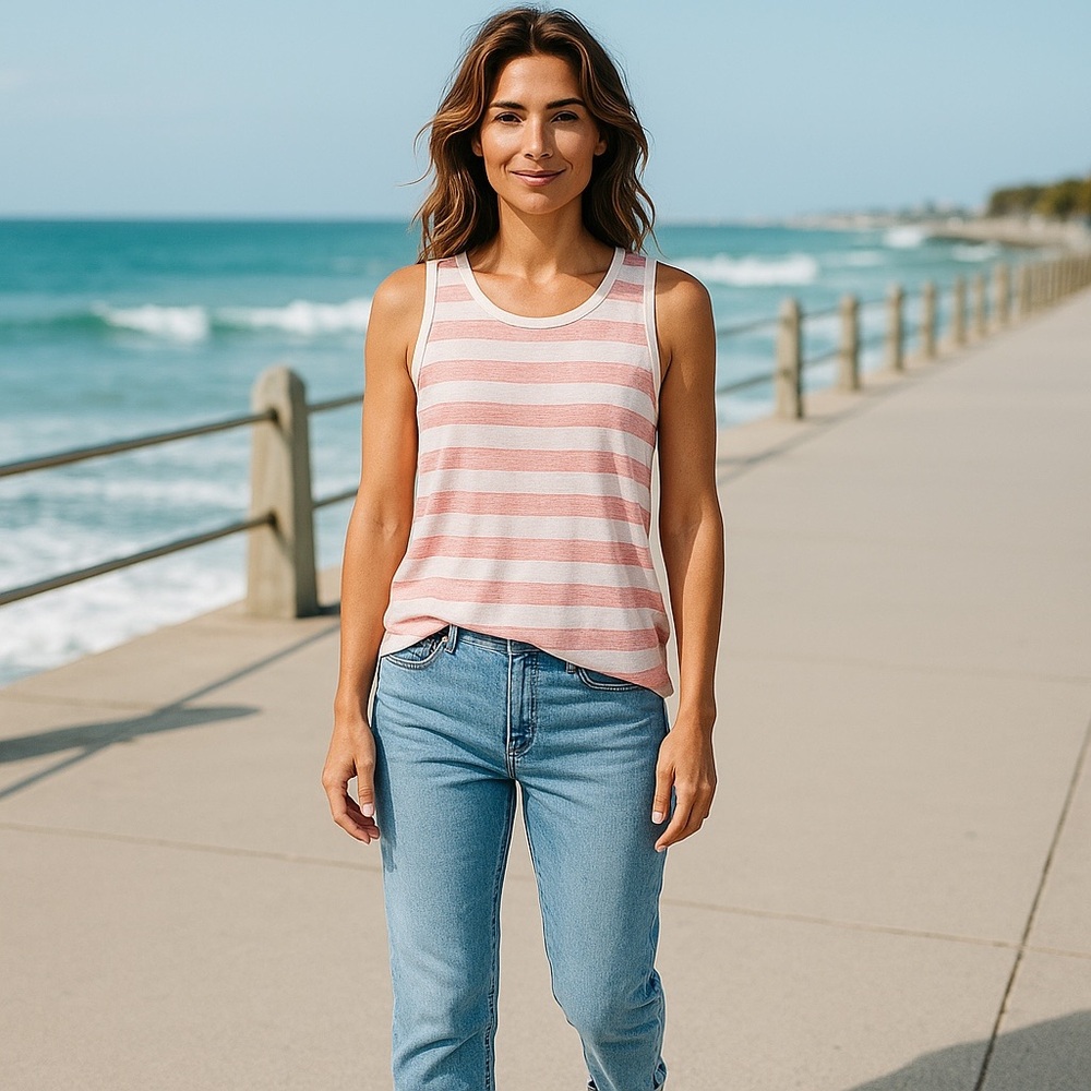 Market & Spruce Pink White Stripe Summer Tank Top M Soft Knit Curved Hem